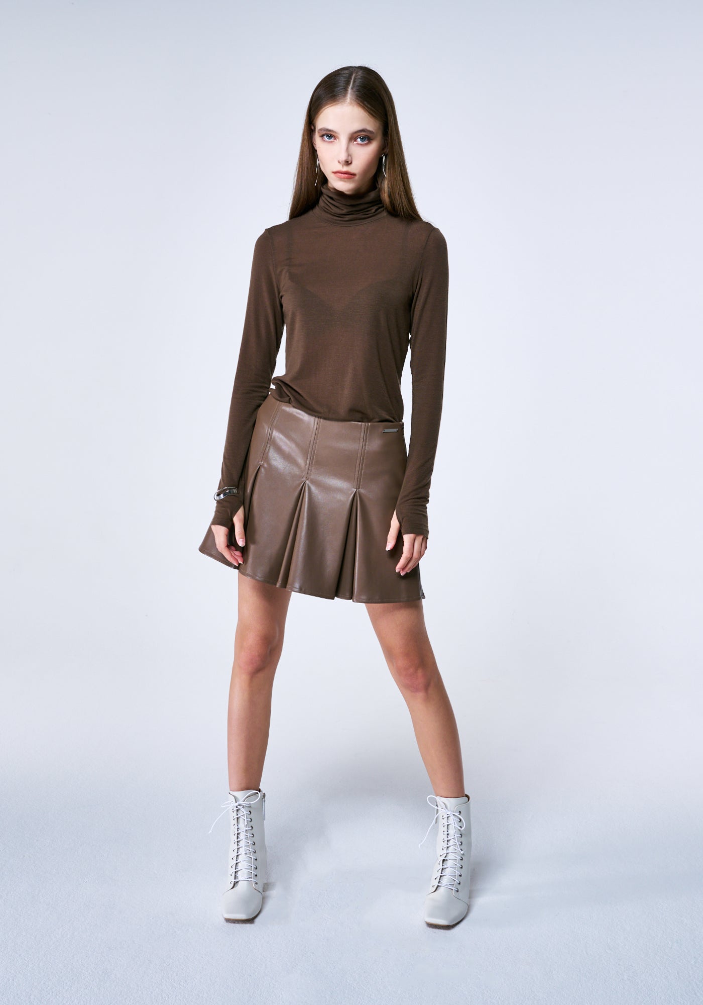 HAZELNUT GODET PLEATED VEGAN LEATHER SKIRT