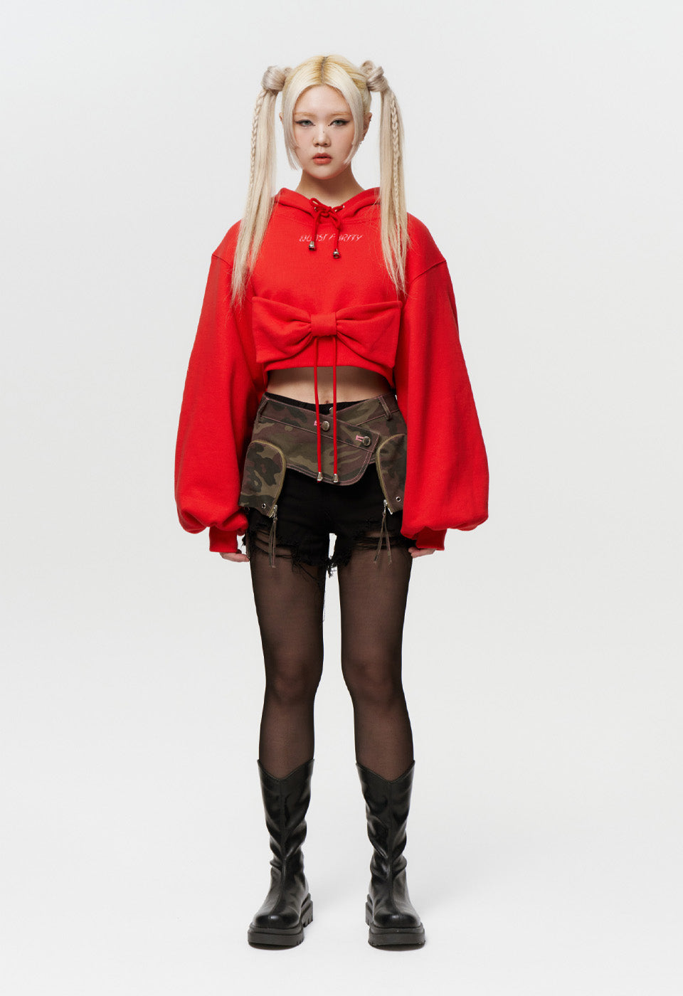 RIBBON CROP HOODIE (RED)