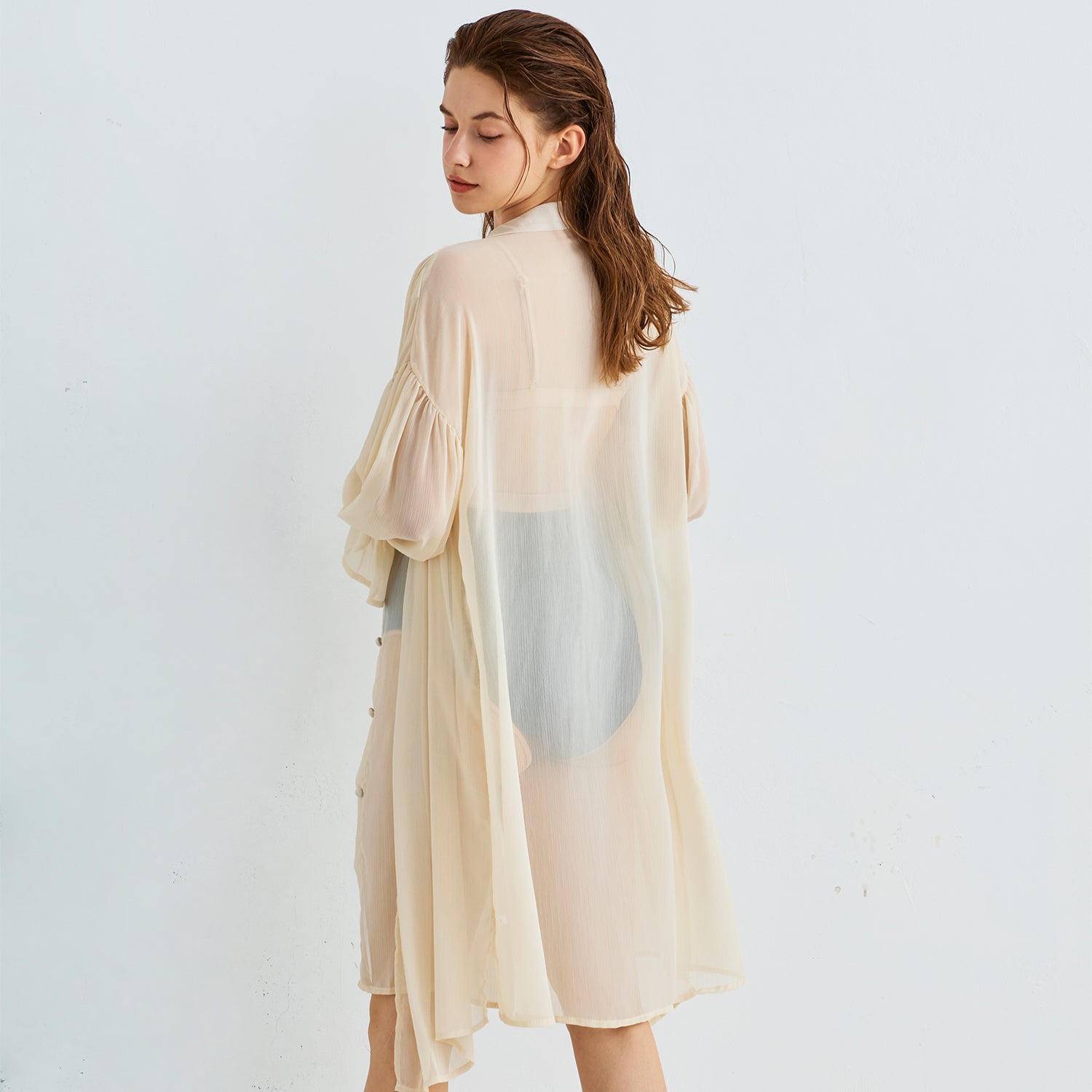 Ruffle sleeve see-through shirt long robe - ivory