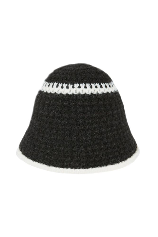 Black white-line knit bucket hat