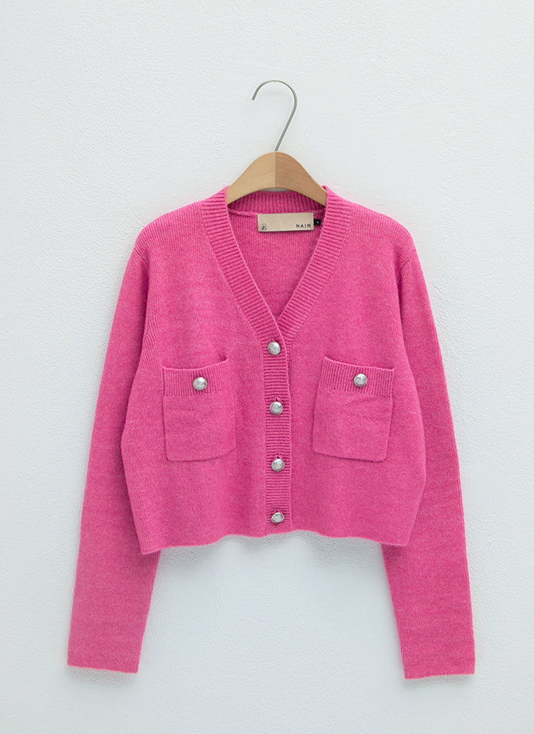 (CD-1988) Cropped Hair Rib V-Neck Knit Cardigan