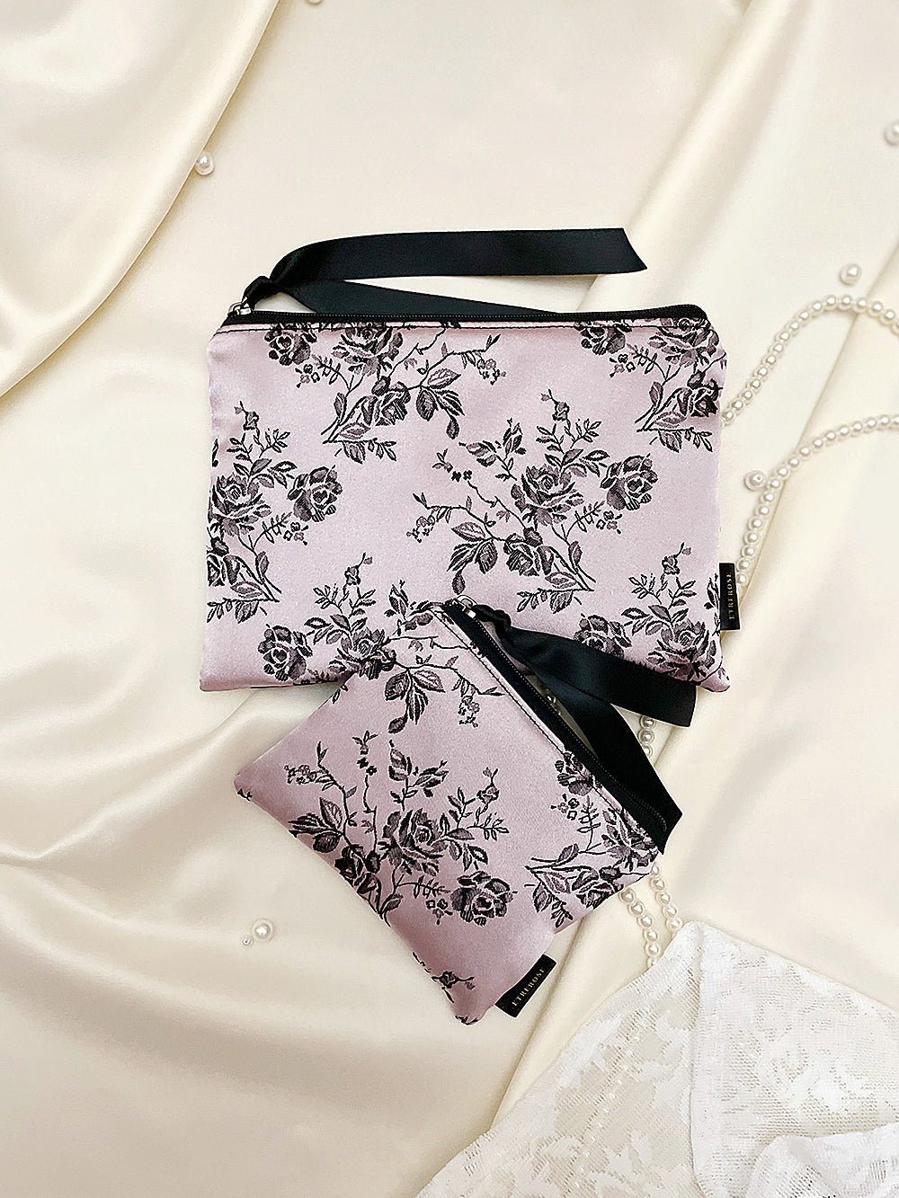 Rose Embroidery Satin Zip-pouch (SET/3color)