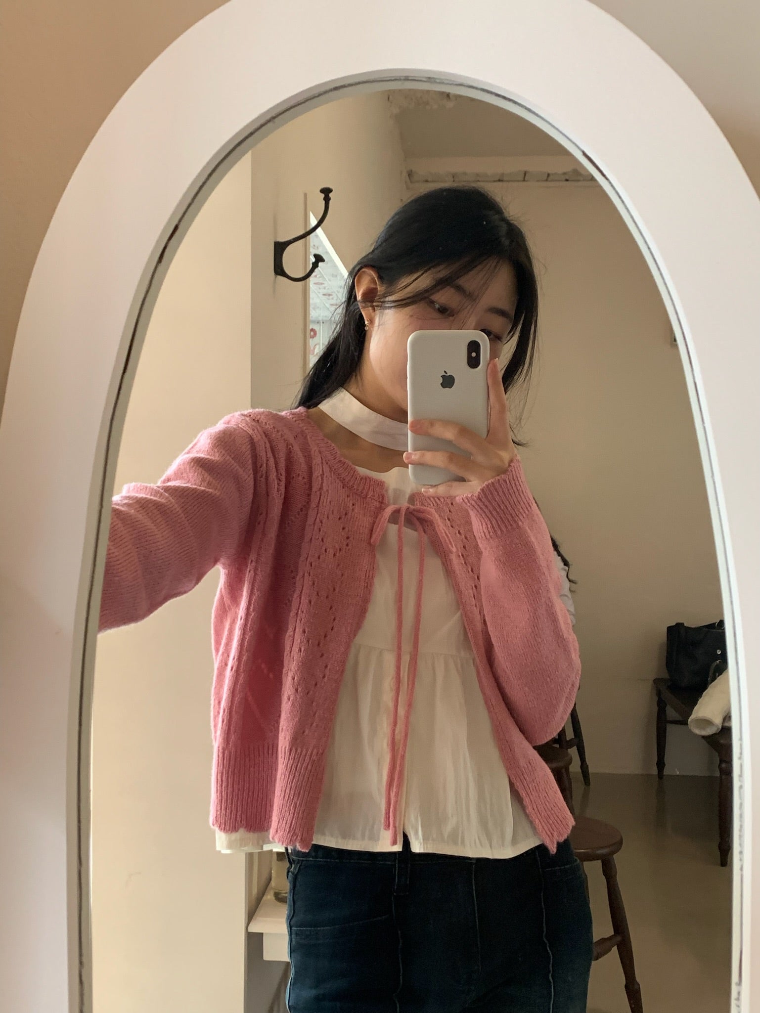 Heart Punching Ribbon Cardigan (Ivory/Pink)