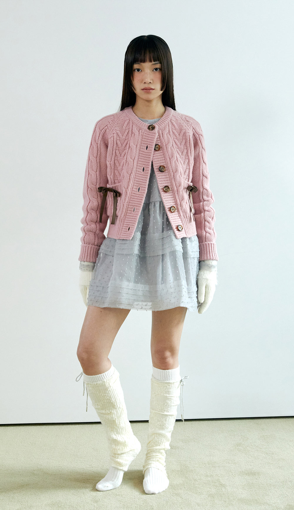 ribbon wool cable cardigan_pink