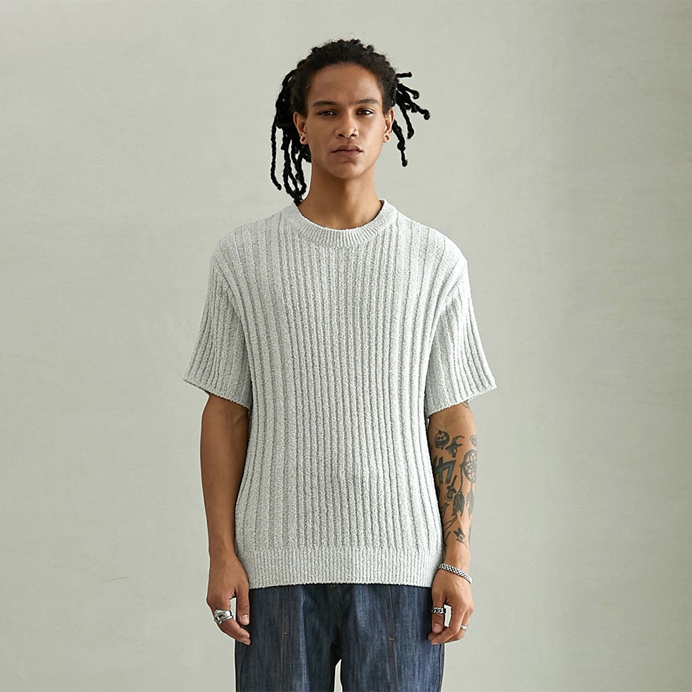 BOUCLE RIBBED HALF SLEEVE KNIT (LIGHT GREY)