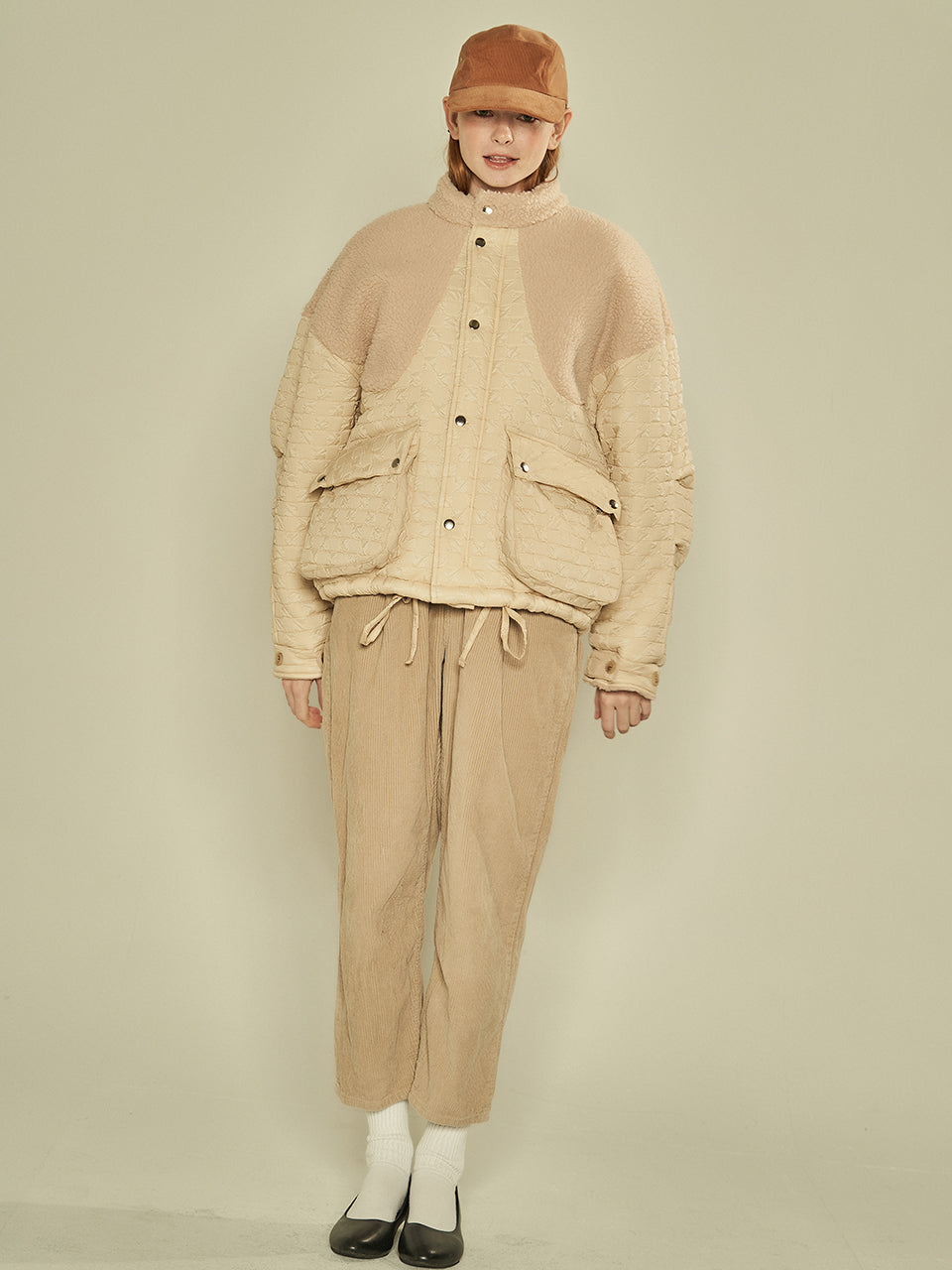 Fleece Block Quilted Jumper (Beige)