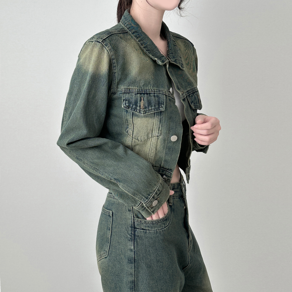 (SET) Washed Denim Crop Jacket Wide Pants Two Piece