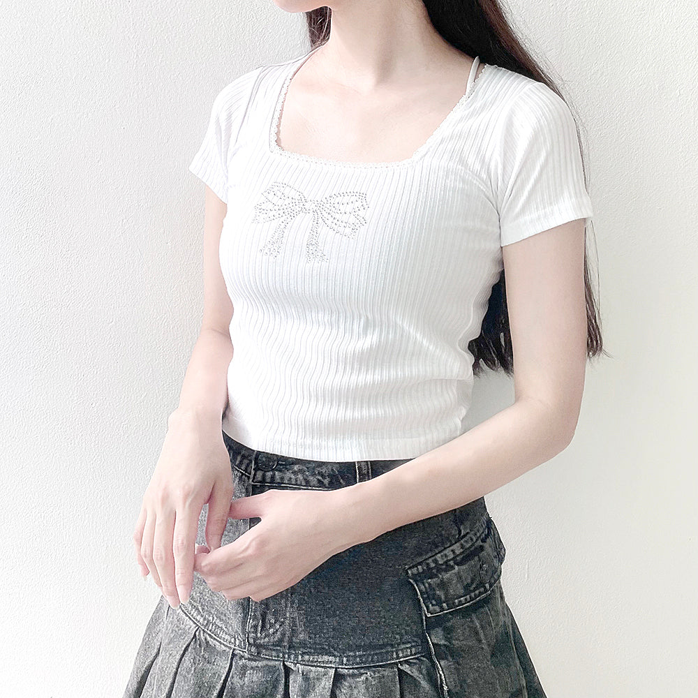 Shine Ribbon Cubic Lace T-Shirt (White)