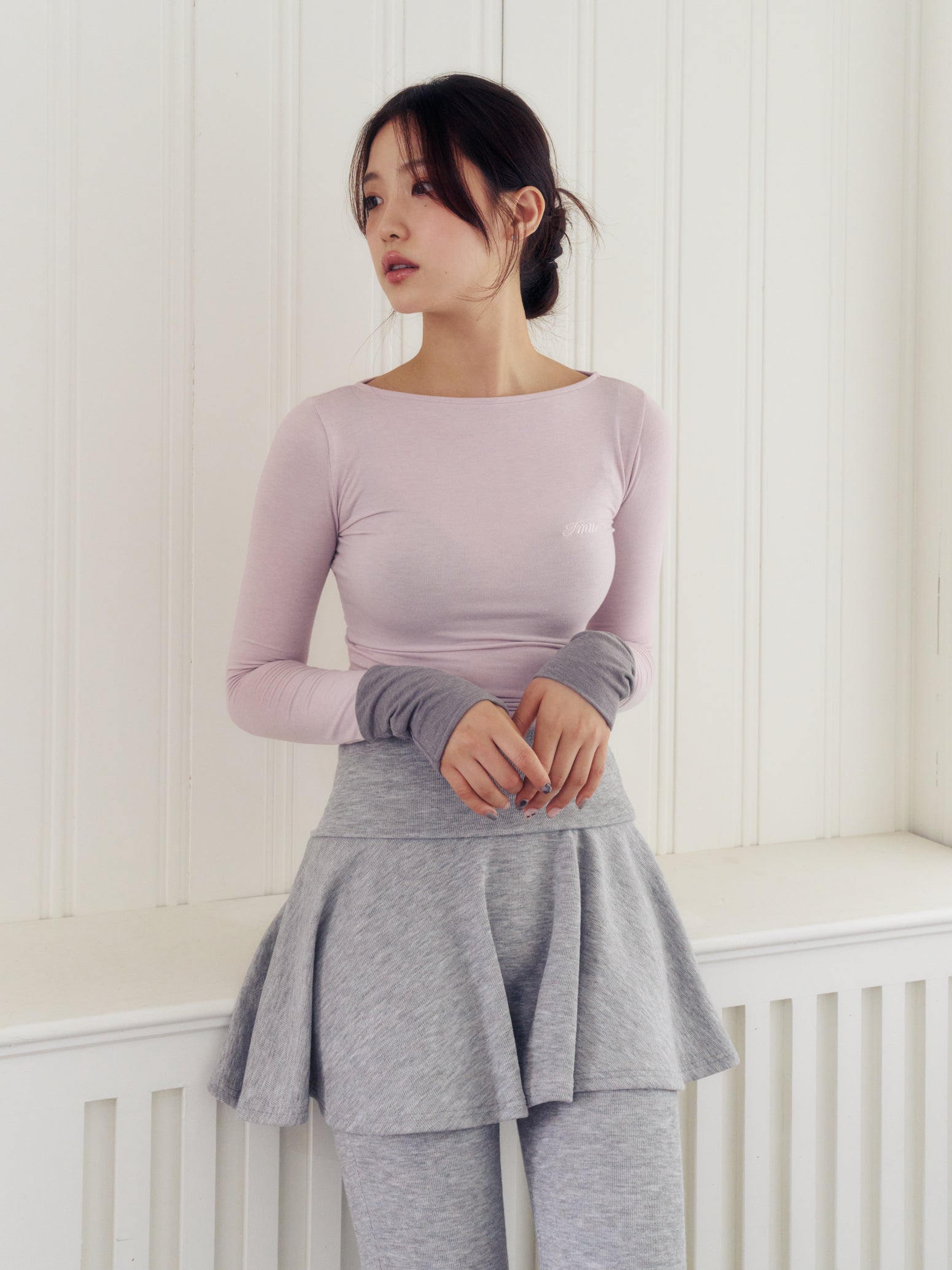 Boat Neck Two-Tone Long Sleeve Top (PINKGREY)