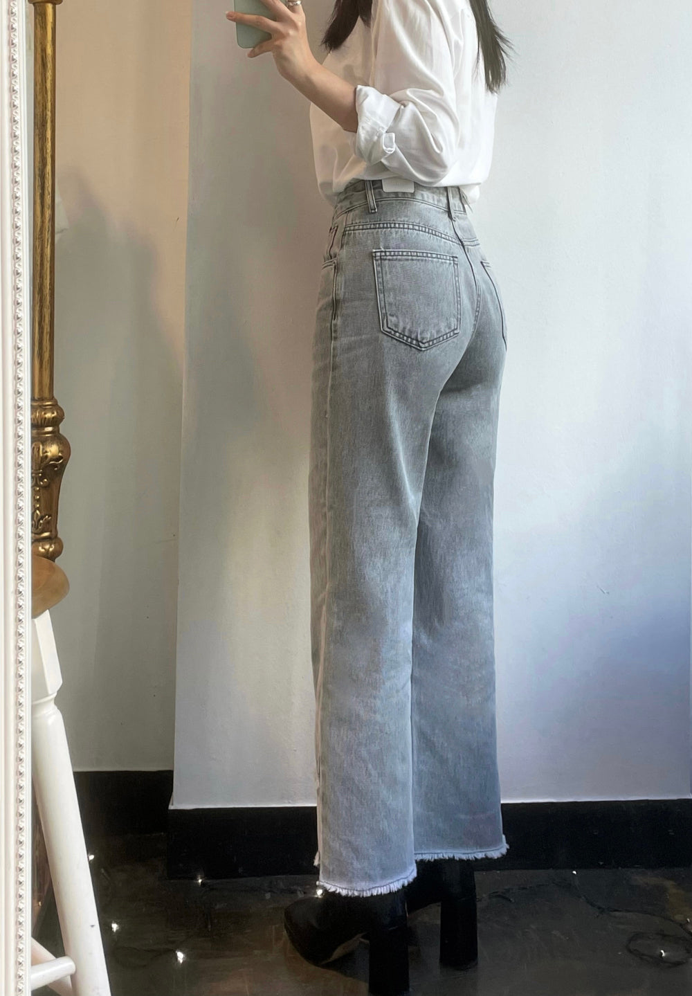 SEMI WIDE FIT SINGLE DIRECTION SLIT GREY DENIM PANTS [17713]