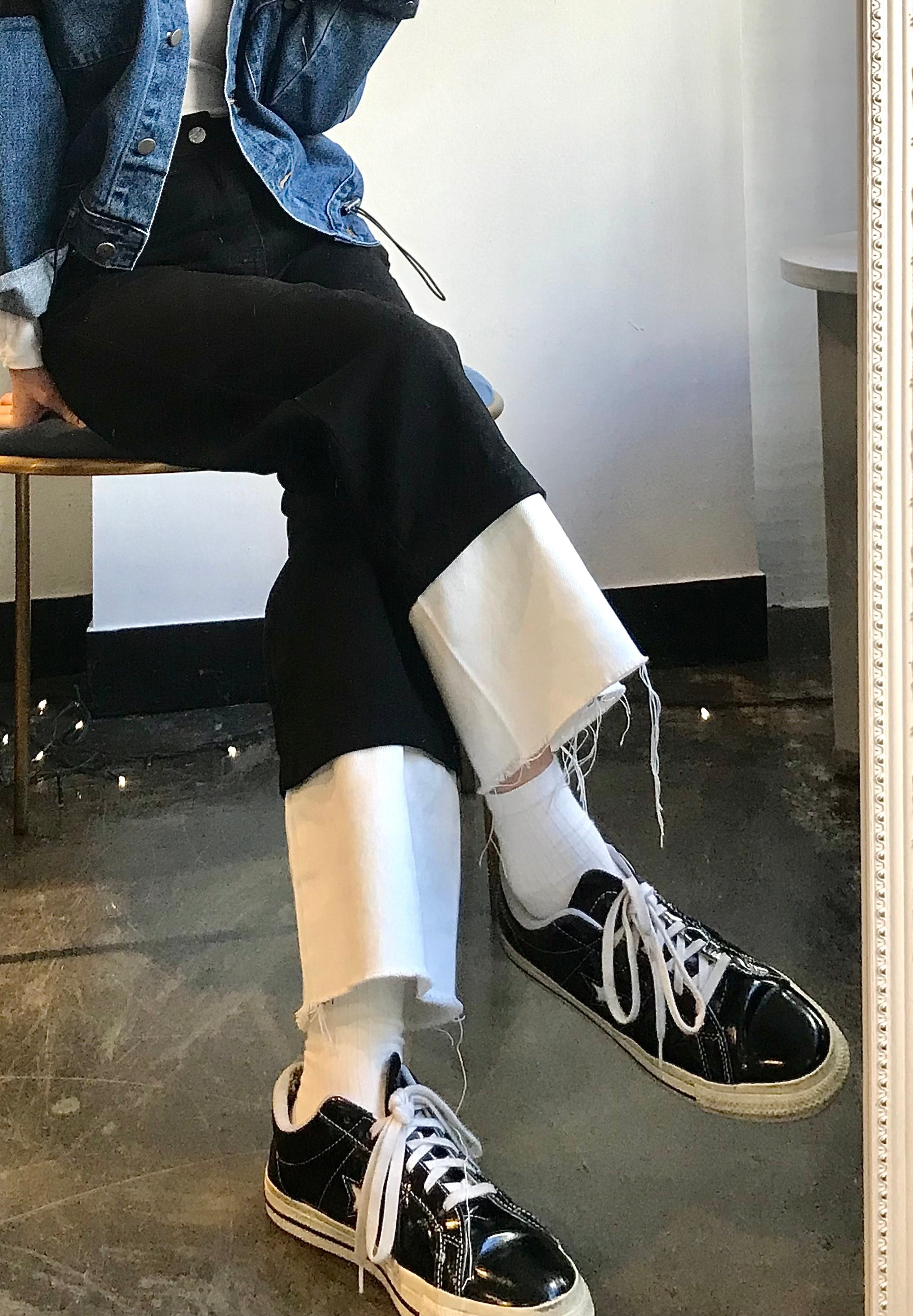 SEMI WIDE FIT BLACK+WHITE DENIM PANTS [17723]