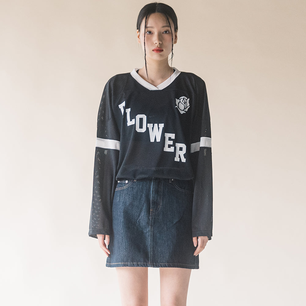 FLOWER AMERICAN FOOTBALL MESH L/S TEE(BLACK)