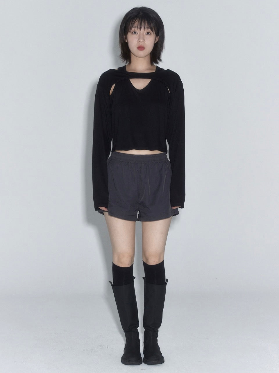 Layered Long Sleeve Top, Black