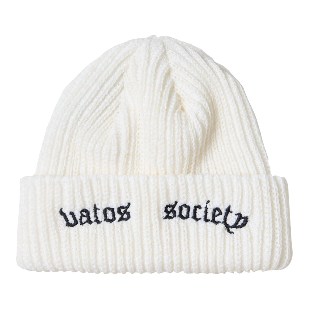 VATOS SOCIETY EMBROIDERED BEANIE WHITE / BLACK