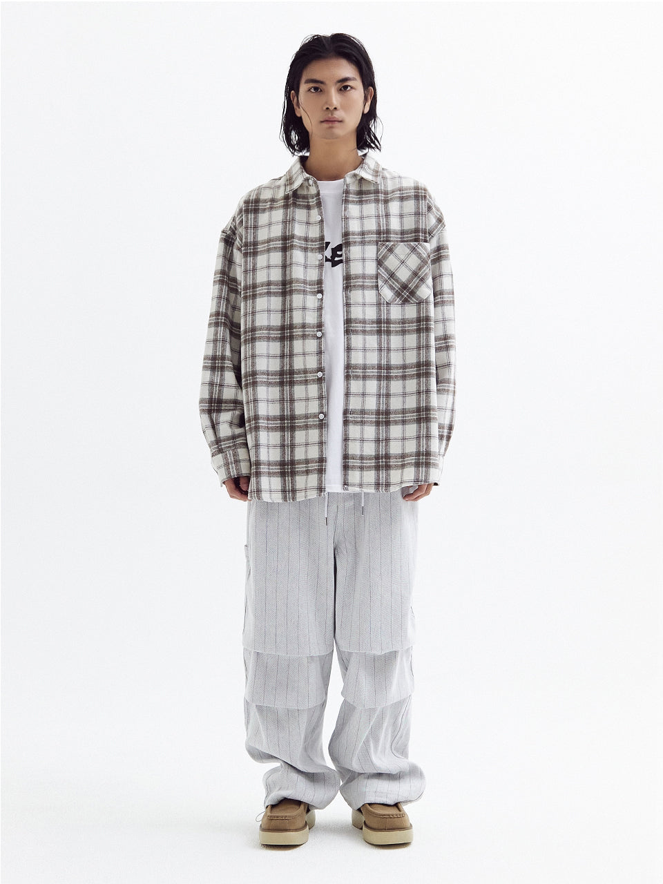 Loose wool check shirts Beige