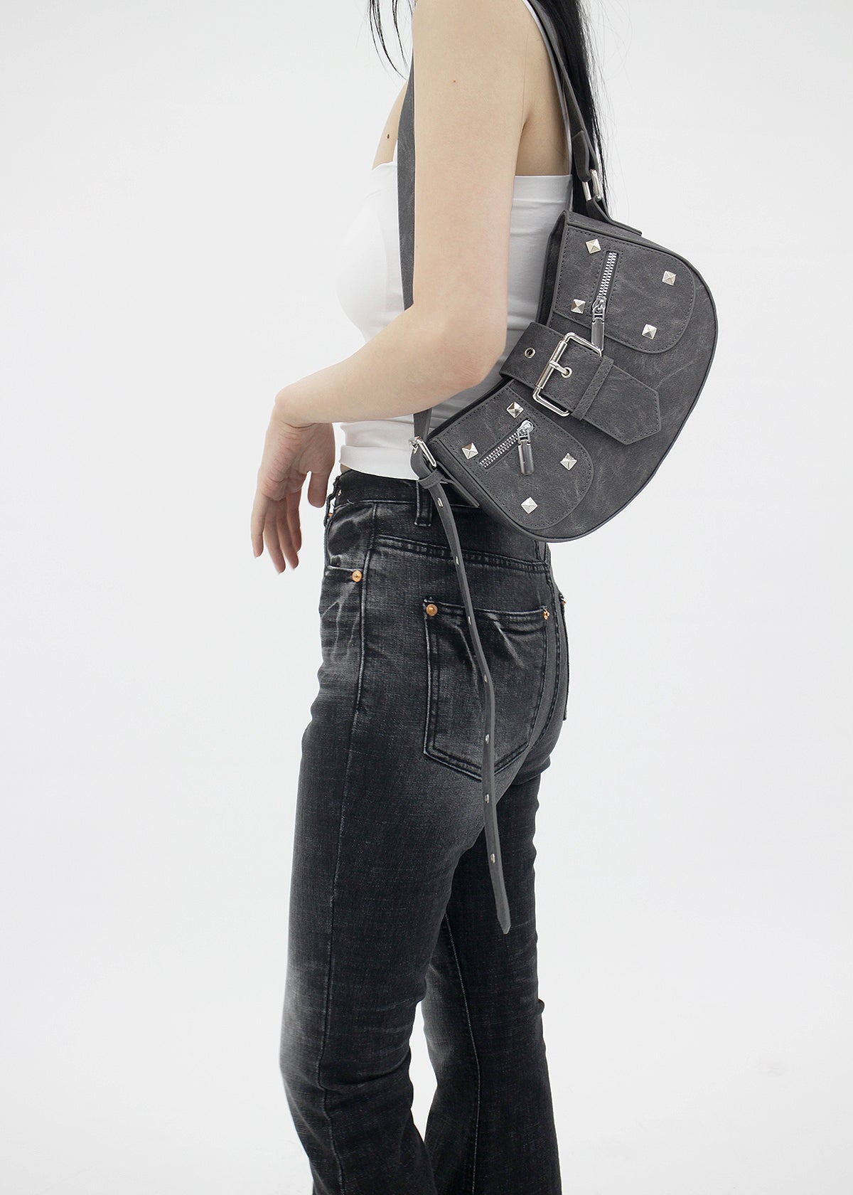 Denim Studded Shoulder Mini Bag (2color)