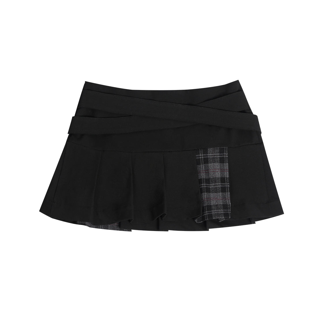 BELTED CHECK PLEATS SKIRT #BLACK