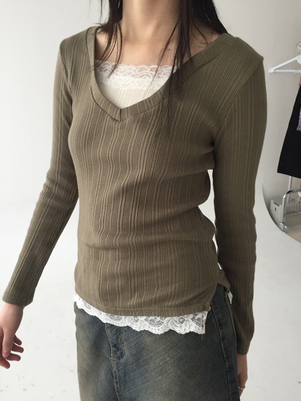 Lace ribbed long sleeves