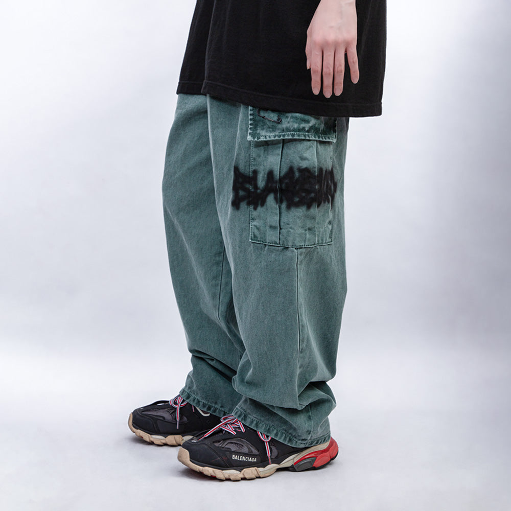 BBD Graffiti Logo Wide Denim Cargo Pants (Deep Green)