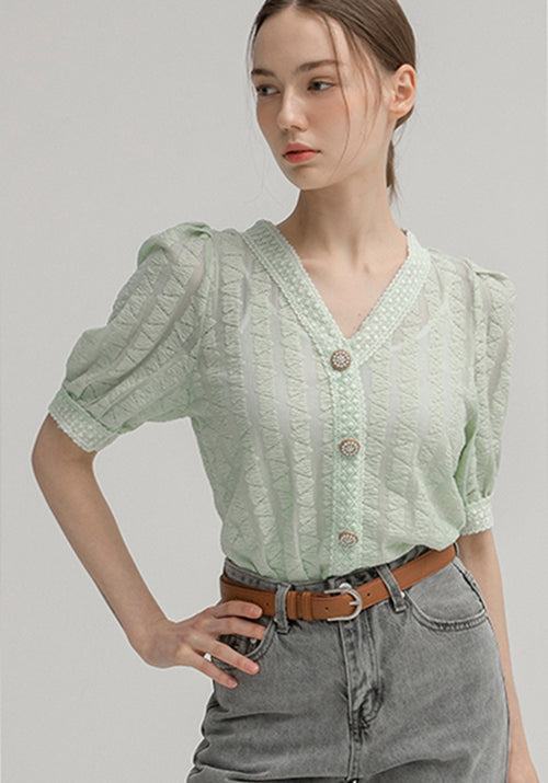 (R-BL-3849) Embossed Triangle Lace Blouse