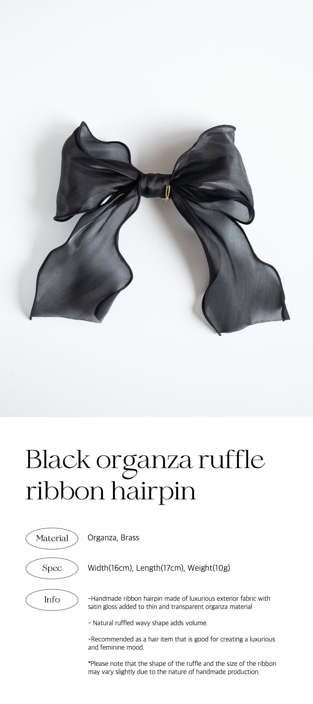 Black organza ruffle ribbon hairpin