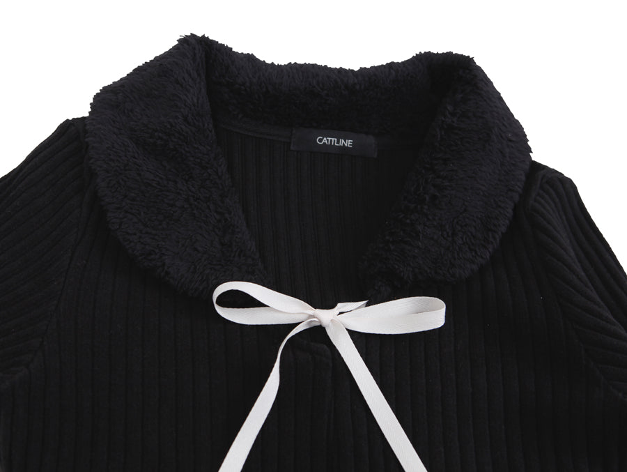 fur collar knit t-shirt black