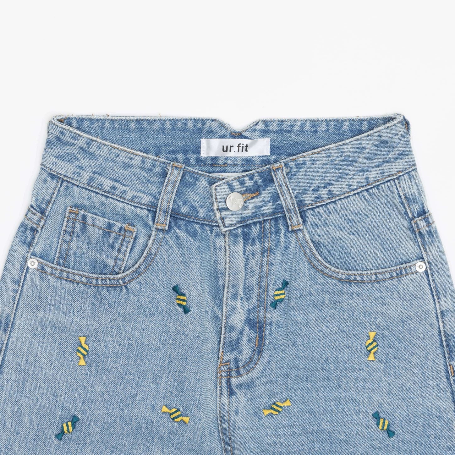 WIDE FIT CANDY EMBROIDERY DENIM PANTS