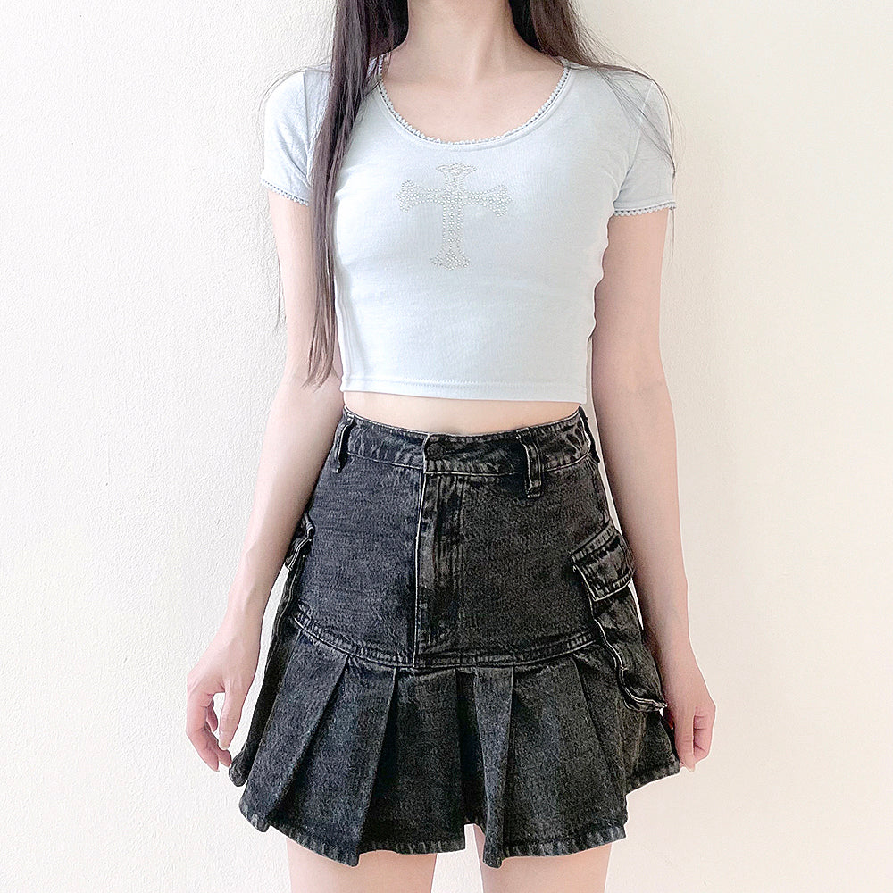 Sparkling Cubic Lace Crop T-Shirt (Sky Blue)