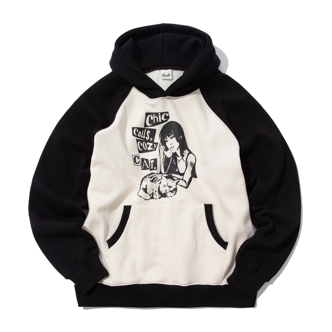 COZY CAT RAGLAN HOODIE (BLACK BEIGE)