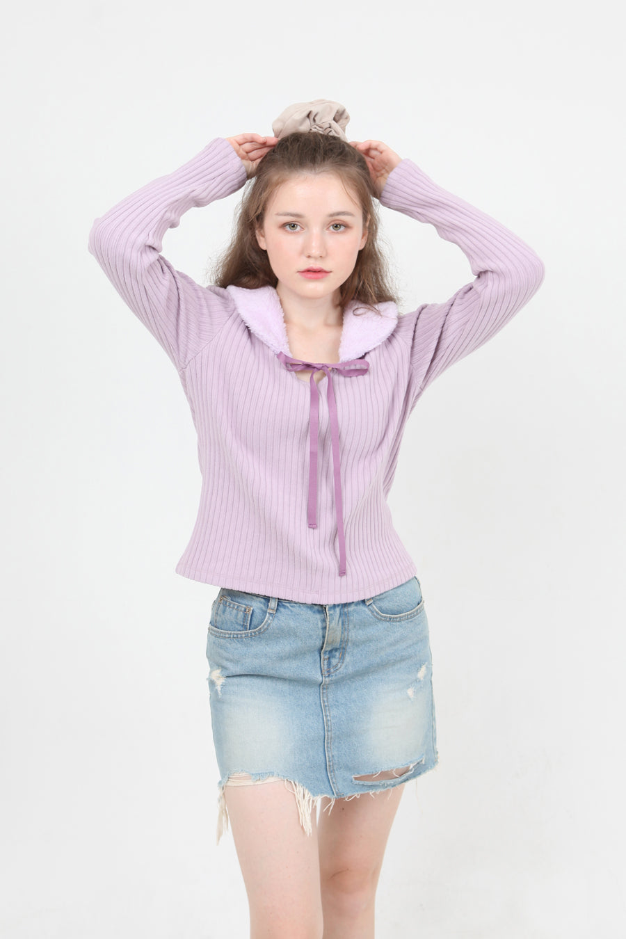 fur collar knit t-shirt purple