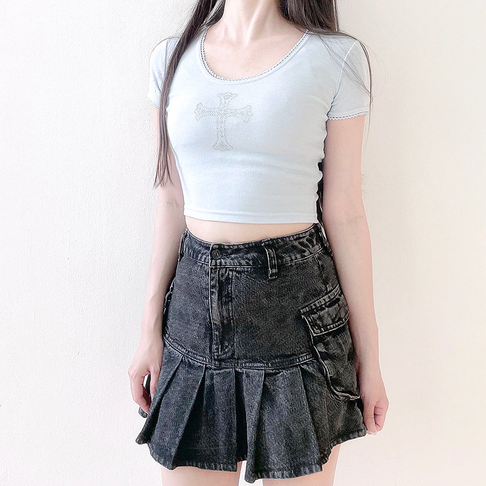 Sparkling Cubic Lace Crop T-Shirt (Sky Blue)