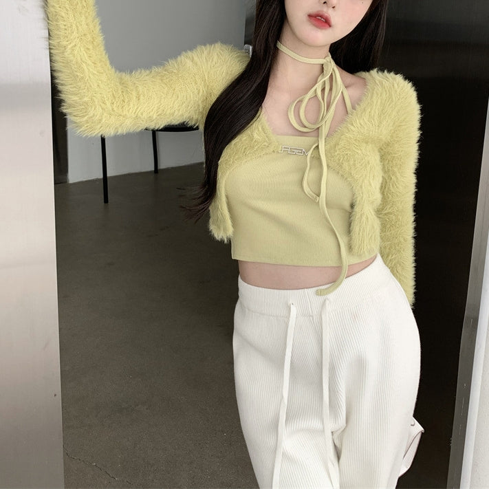 Green Cardigan Top Set