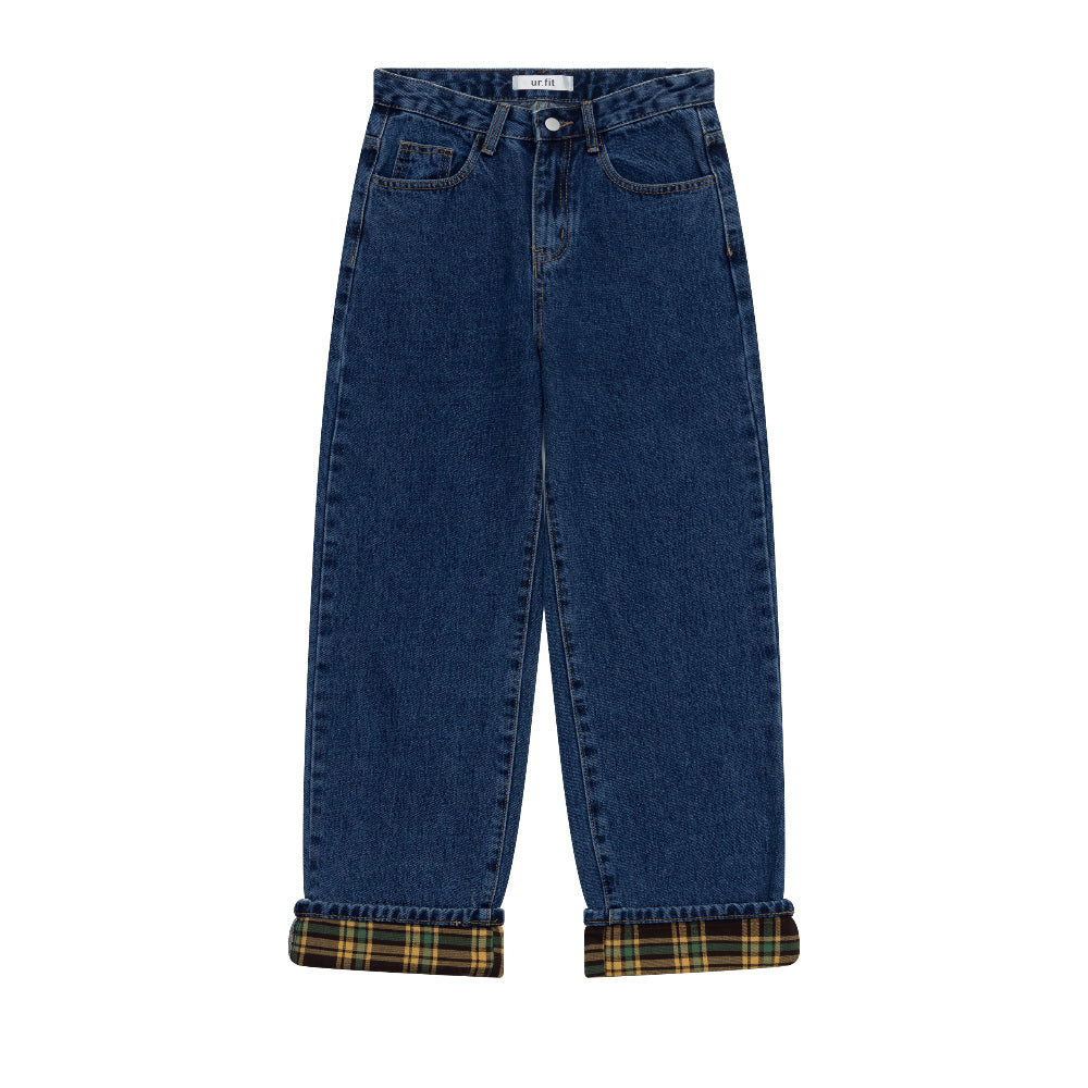 WIDE FIT ROLL-UP CHECK DENIM PANTS [6882]