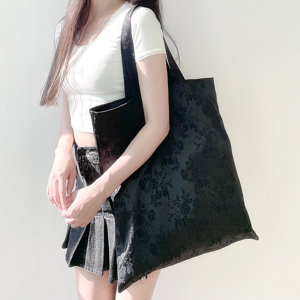 Rose Embroidery Satin Eco-bag (L/Black)