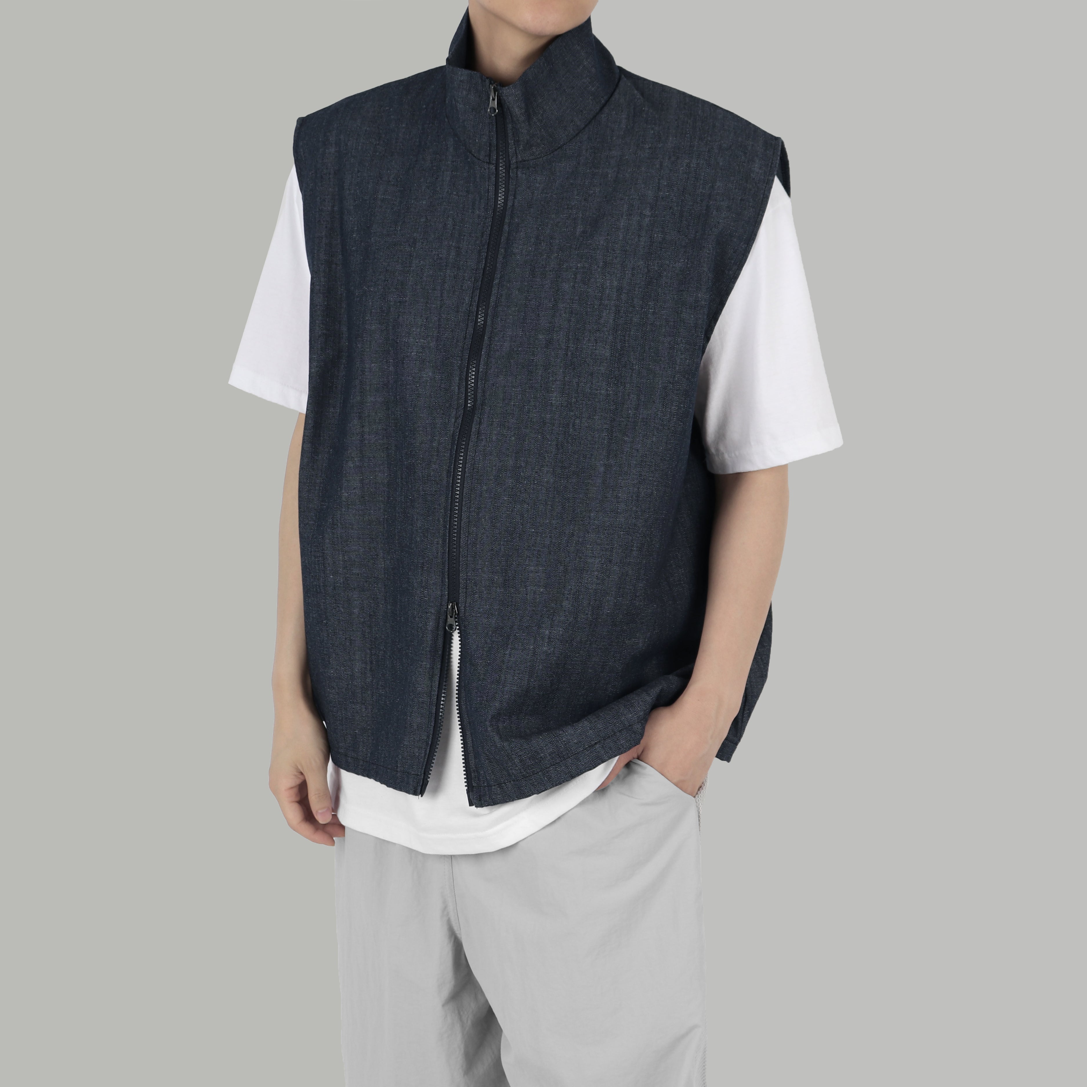 High neck denim vest