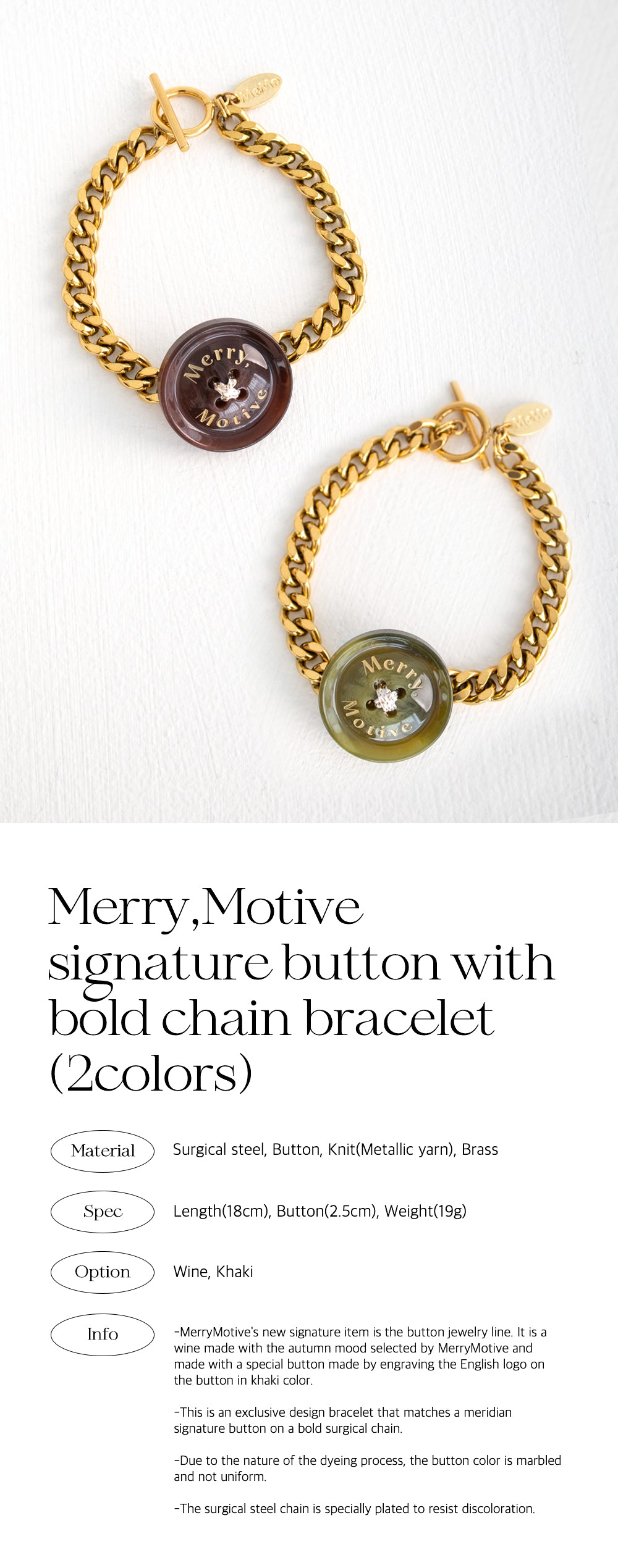 Merry,Motive signature button with bold chain bracelet (2colors)