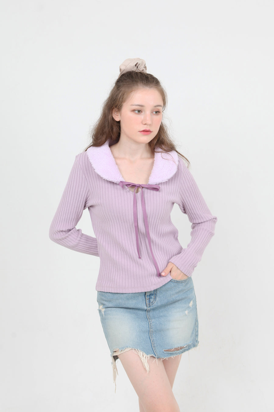 fur collar knit t-shirt purple