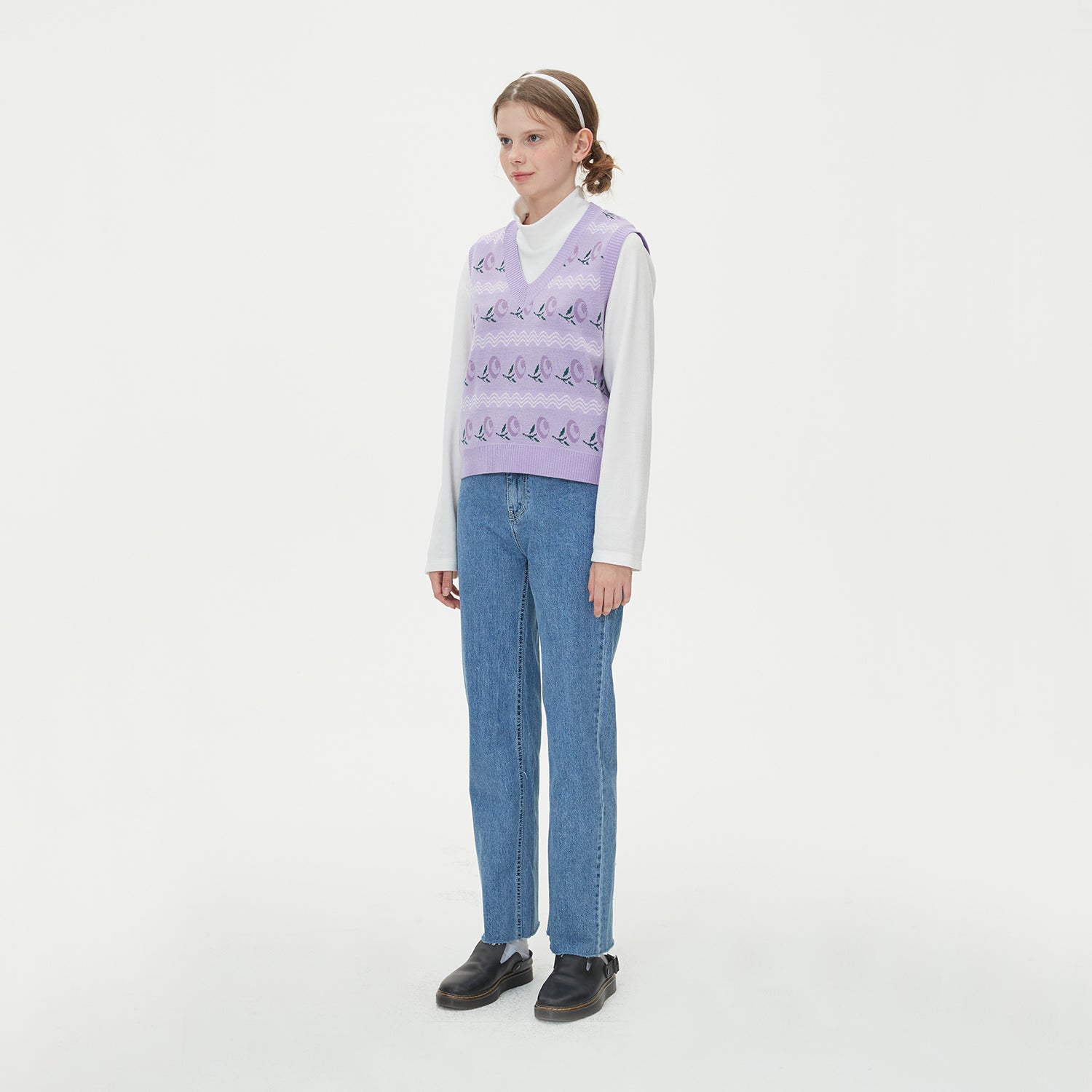 WAVE FLOWER JAQUARD KNIT VEST_PURPLE