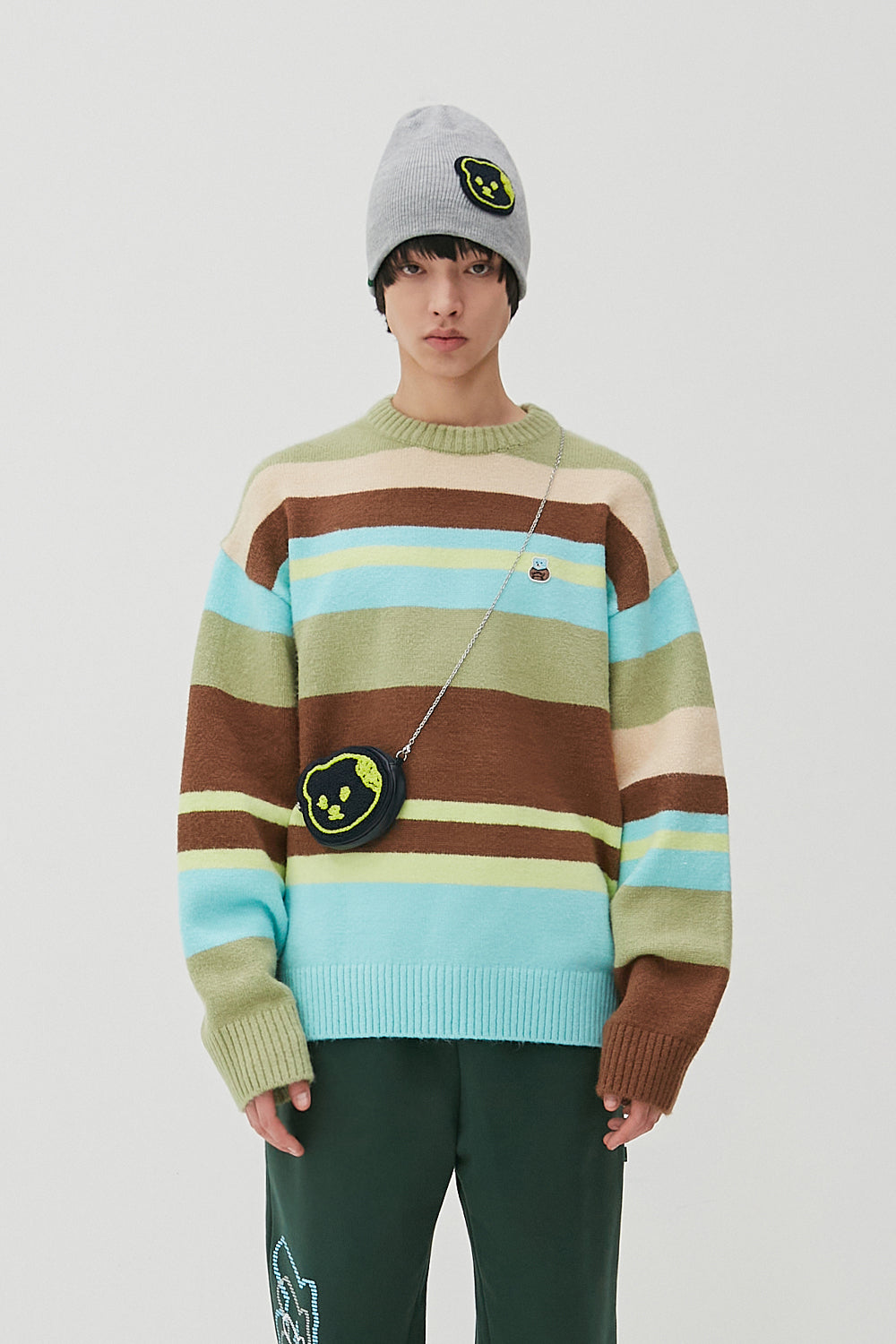 ベアパッチマルチストライプニット / Bear Patch Multi Stripe Knit_Olive Green