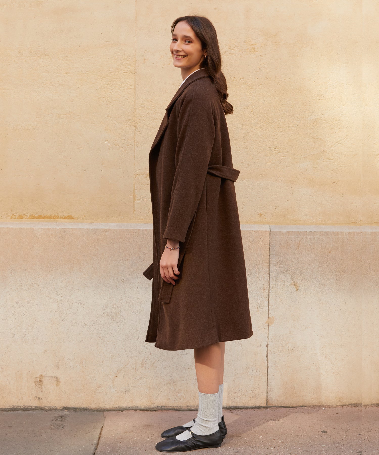 RCH wool blended robe coat brown