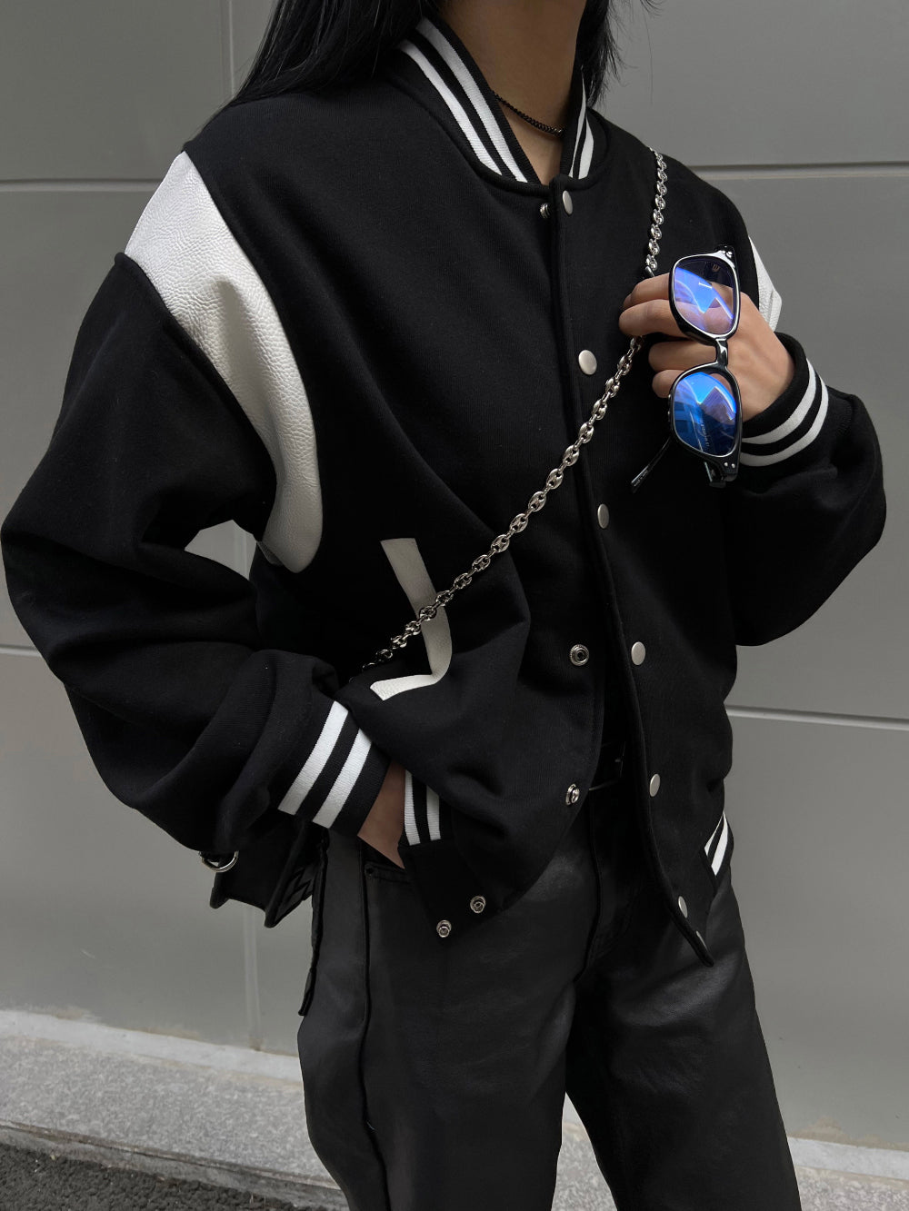 [UNISEX] Varsity stadium leather point jacket (Black)