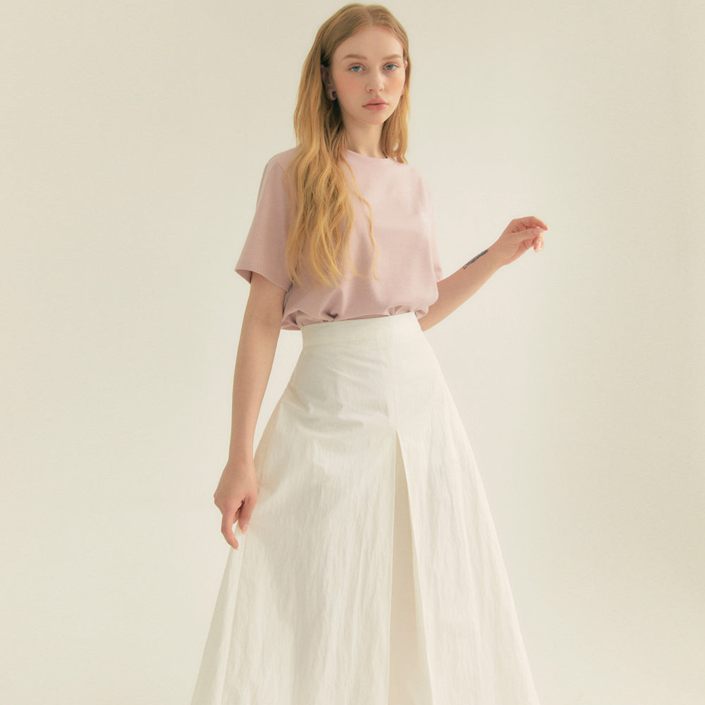 Cotton Pleats A-Line Long Skirt (Ivory)