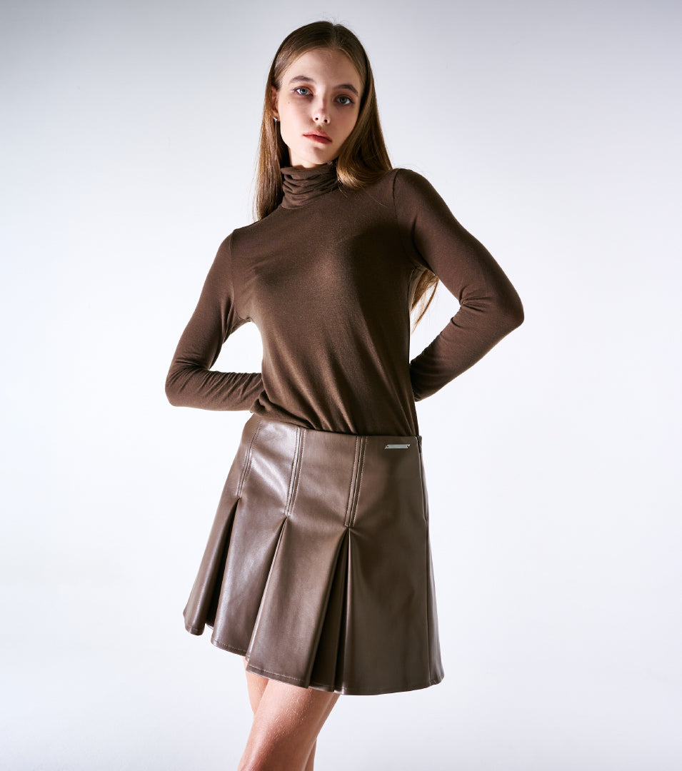 HAZELNUT GODET PLEATED VEGAN LEATHER SKIRT