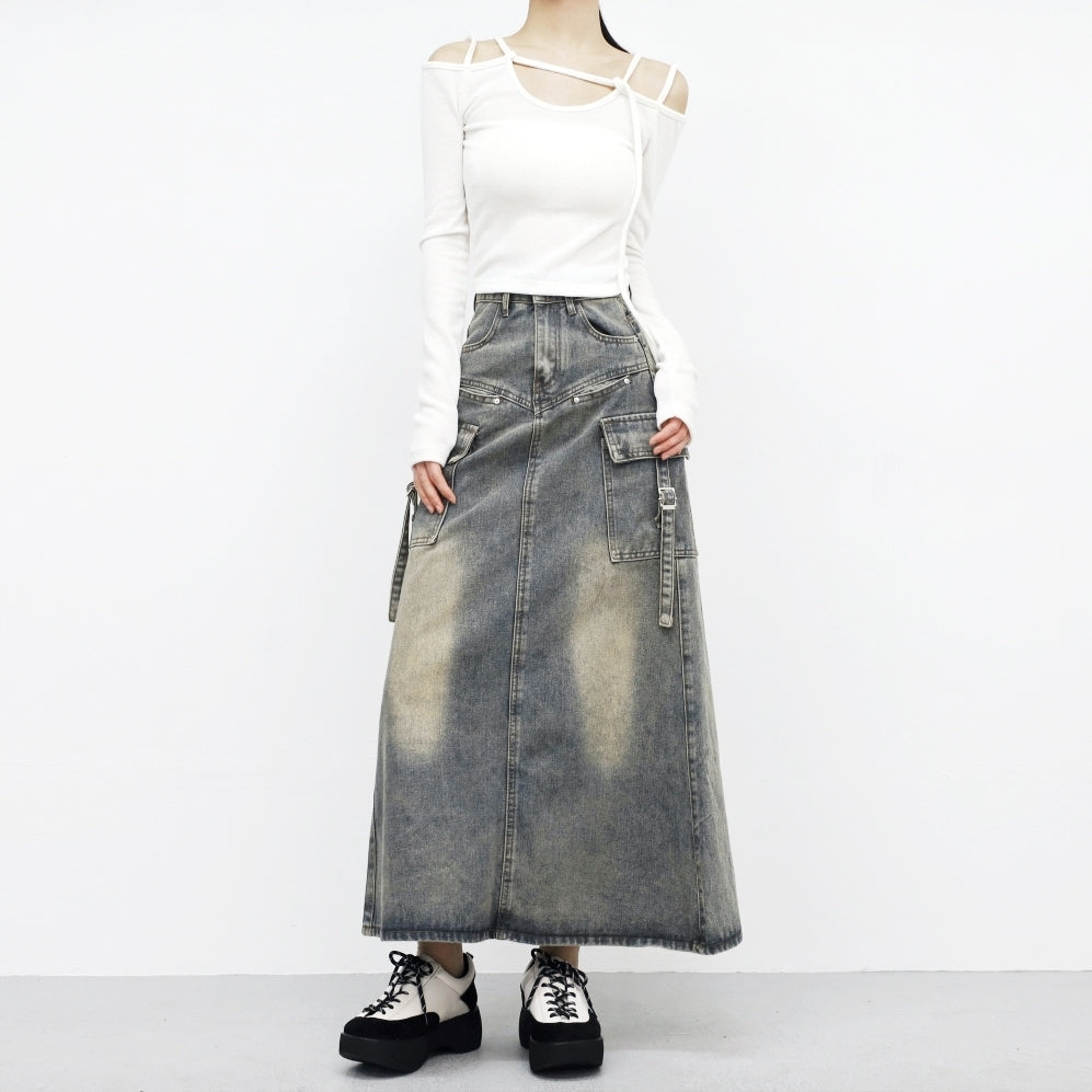 Zance vintage denim long skirt