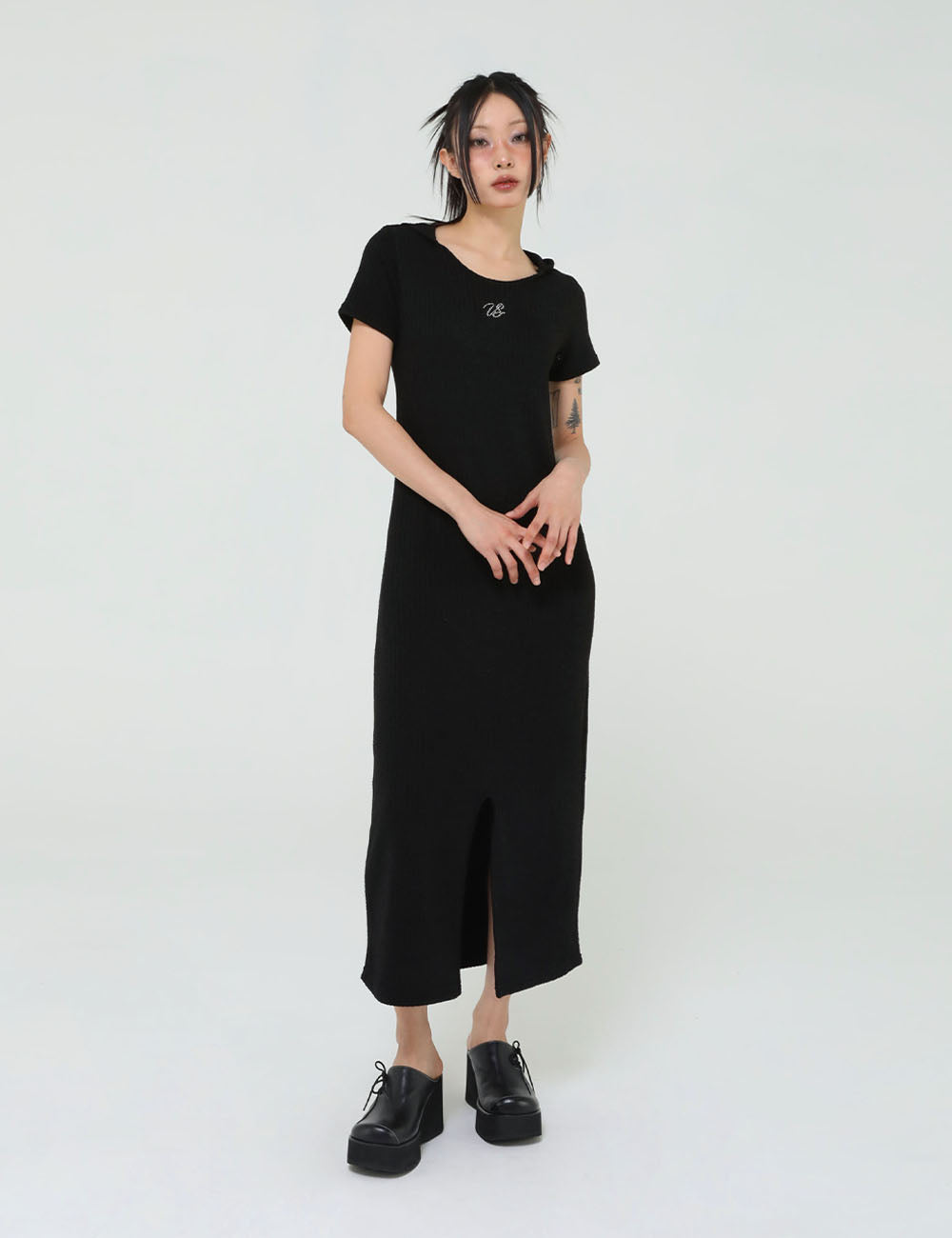 KNIT HOODED LONG DRESS(BLACK)