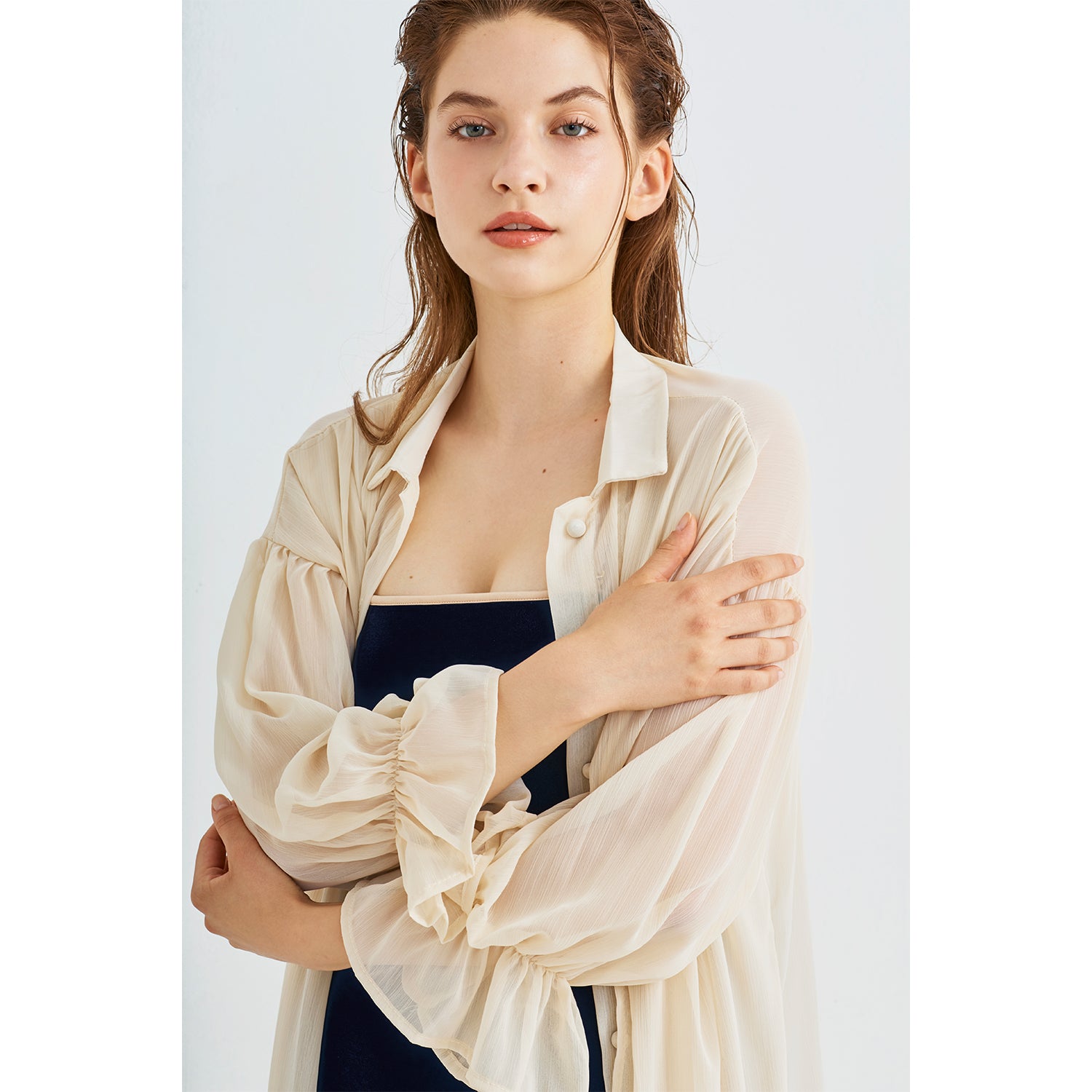 Ruffle sleeve see-through shirt long robe - ivory