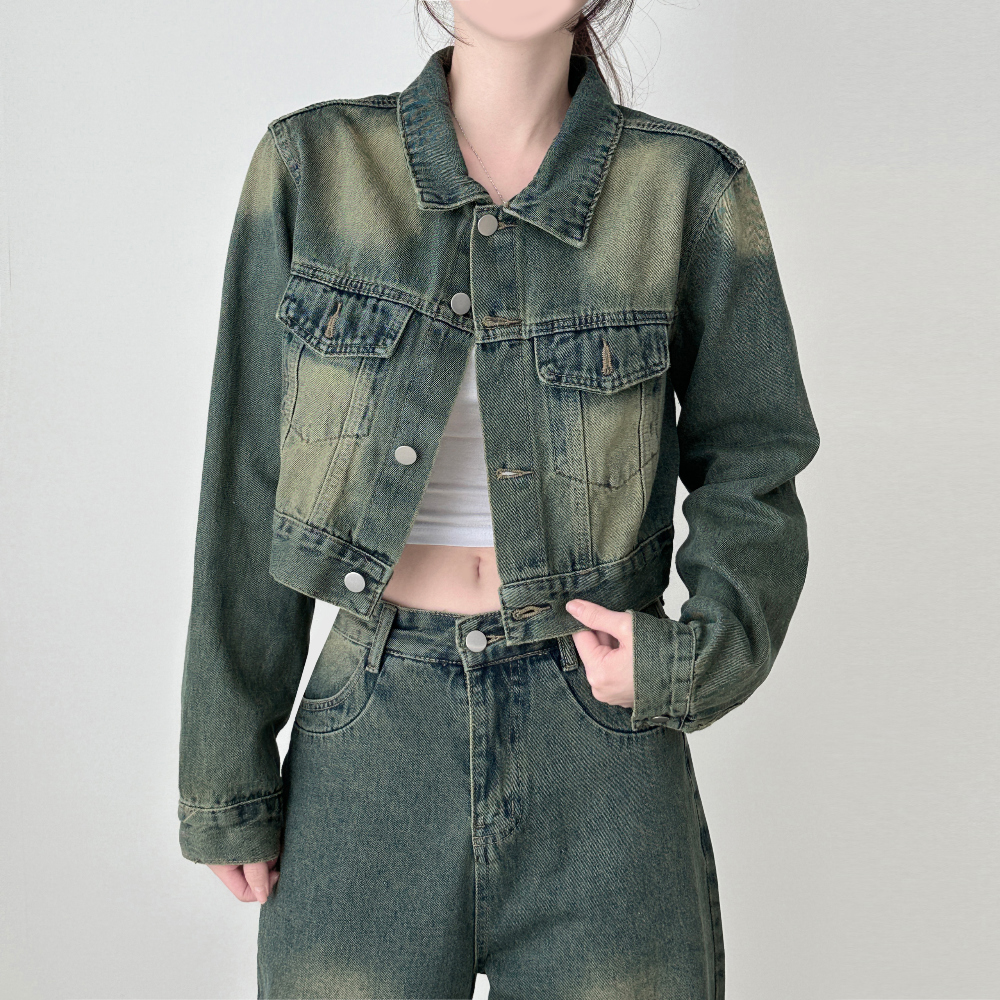 (SET) Washed Denim Crop Jacket Wide Pants Two Piece