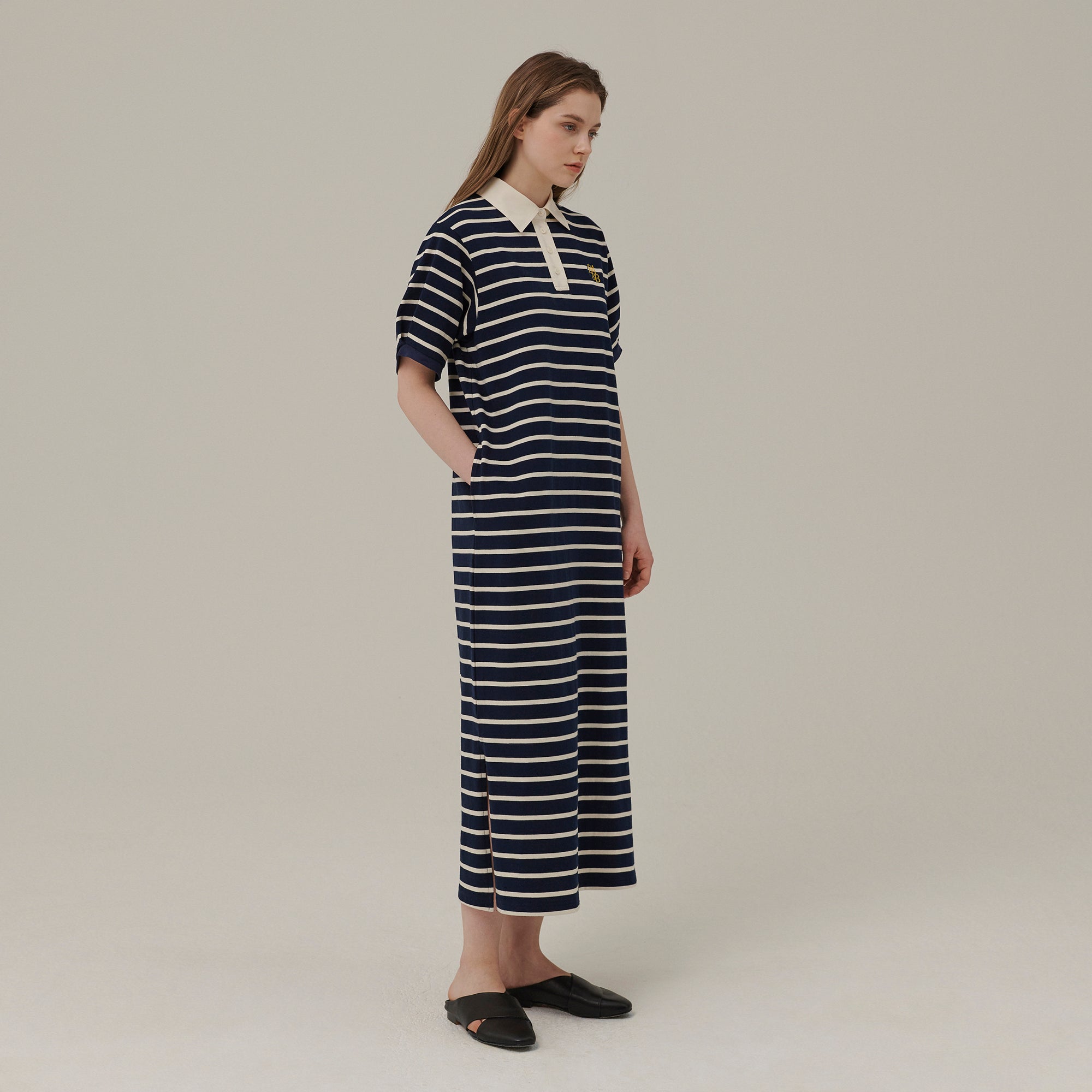 STRIPE COLLAR MAXI DRESS_NAVY