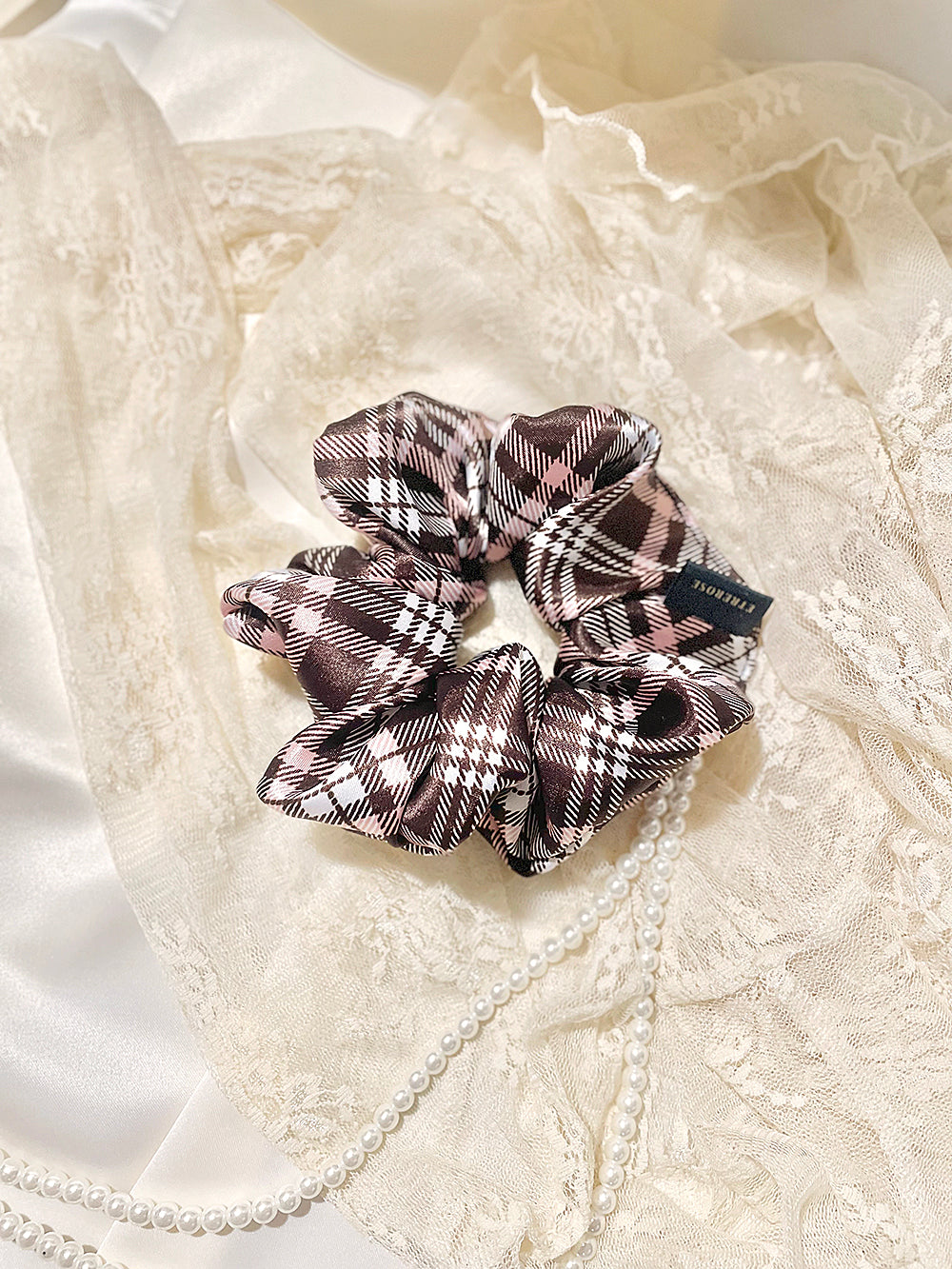 Check Printing Satin Hair Scrunchie (3color)