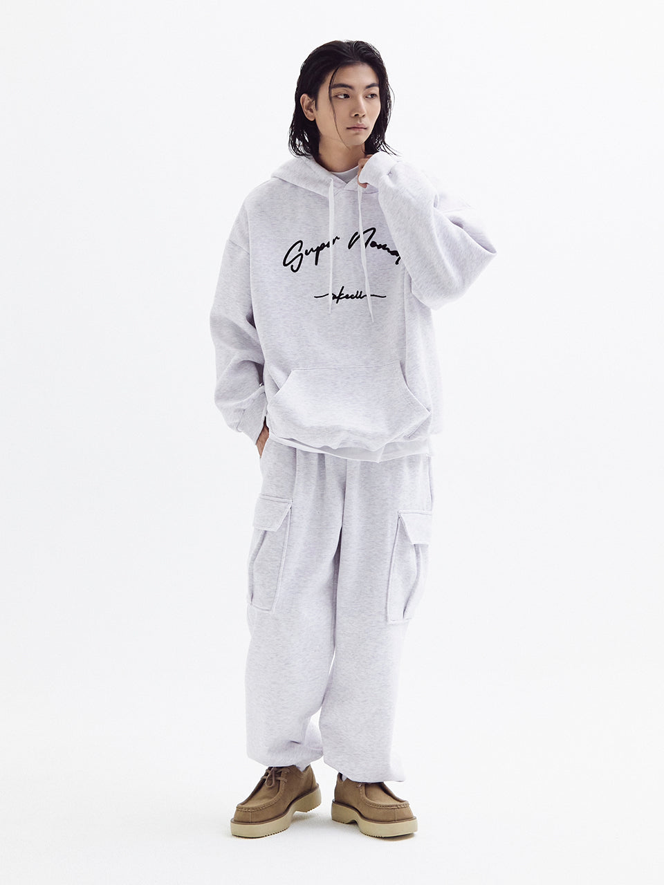 Balloon over cargo fleece jogger pants White Melange